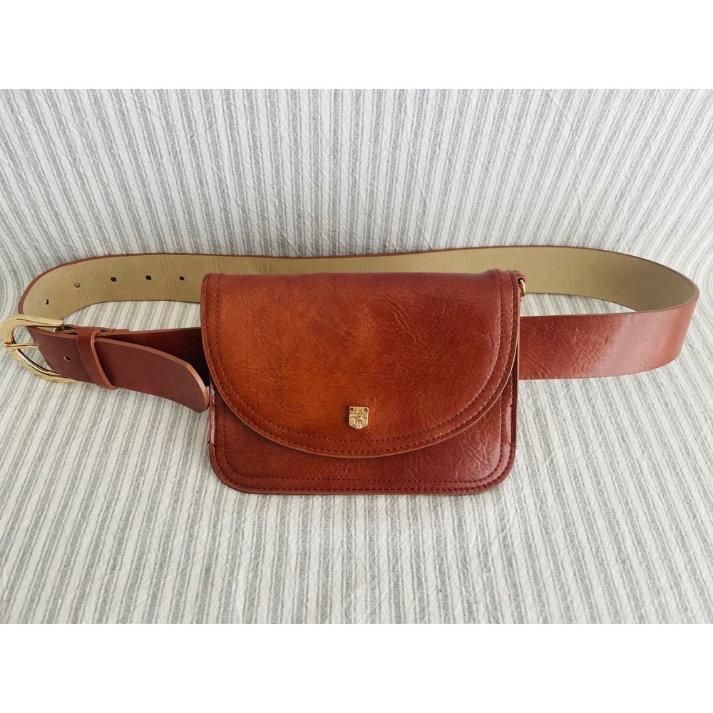 Vince Camuto Cognac Brown Faux Leather Belt Bag Gold Crest Logo Pouch